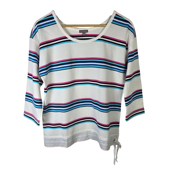 T by Talbots Striped 3/4 Sleeve Top Women's M Petite White Blue Pink Cotton - Picture 1 of 4